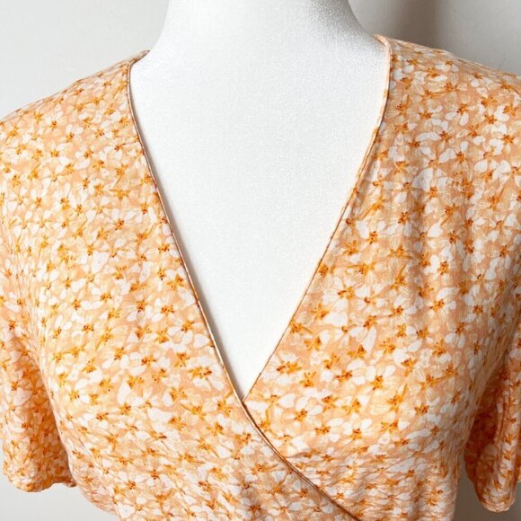 H&M Women's Wrap Dress Size S Orange Floral Print Short Sleeve V-Neck Crossover - Picture 4 of 10